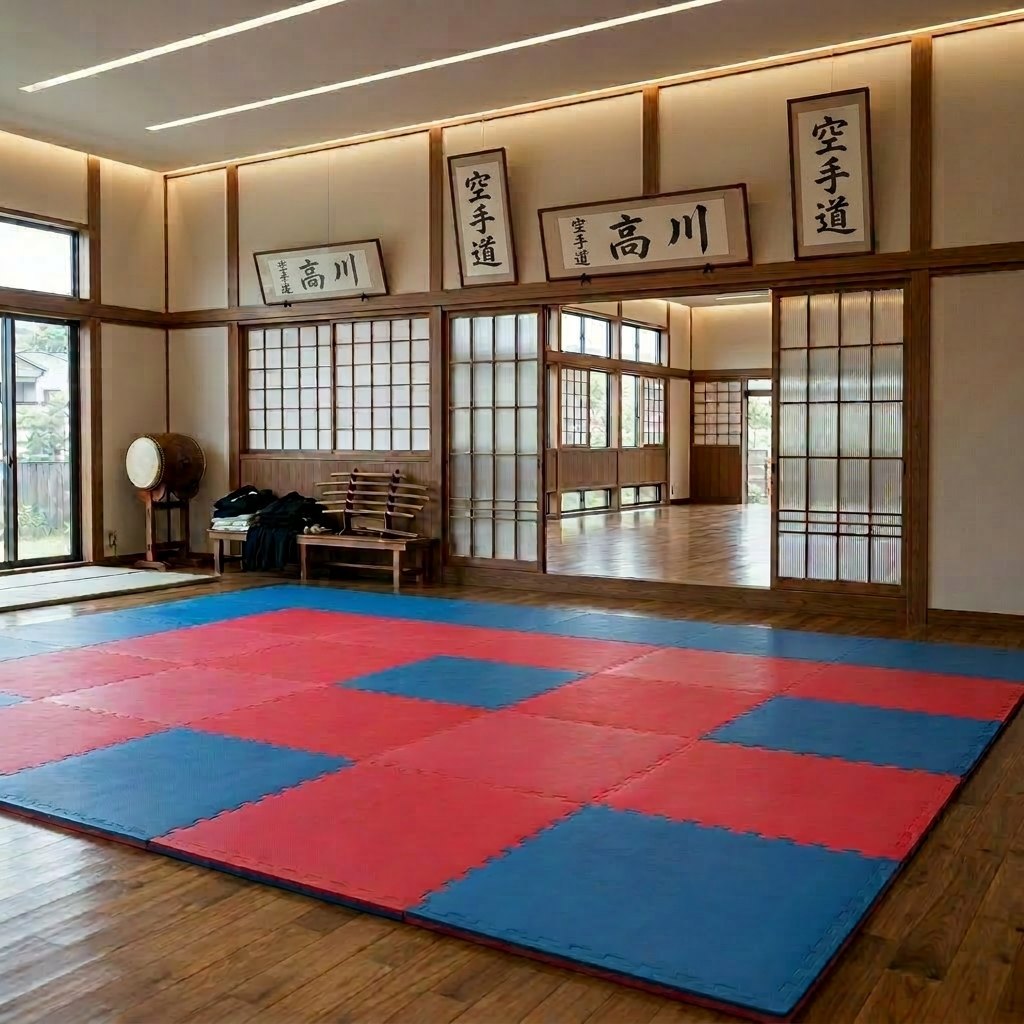 Empty Japanese dojo with wooden floors, shoji screens, practice swords, and a taiko drum